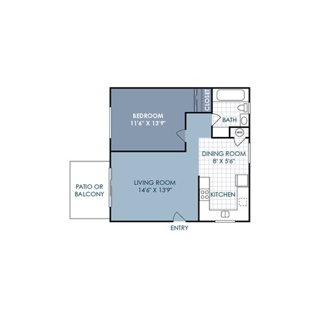 Floor plan for 1 bed, 1 bath, 610 sqft